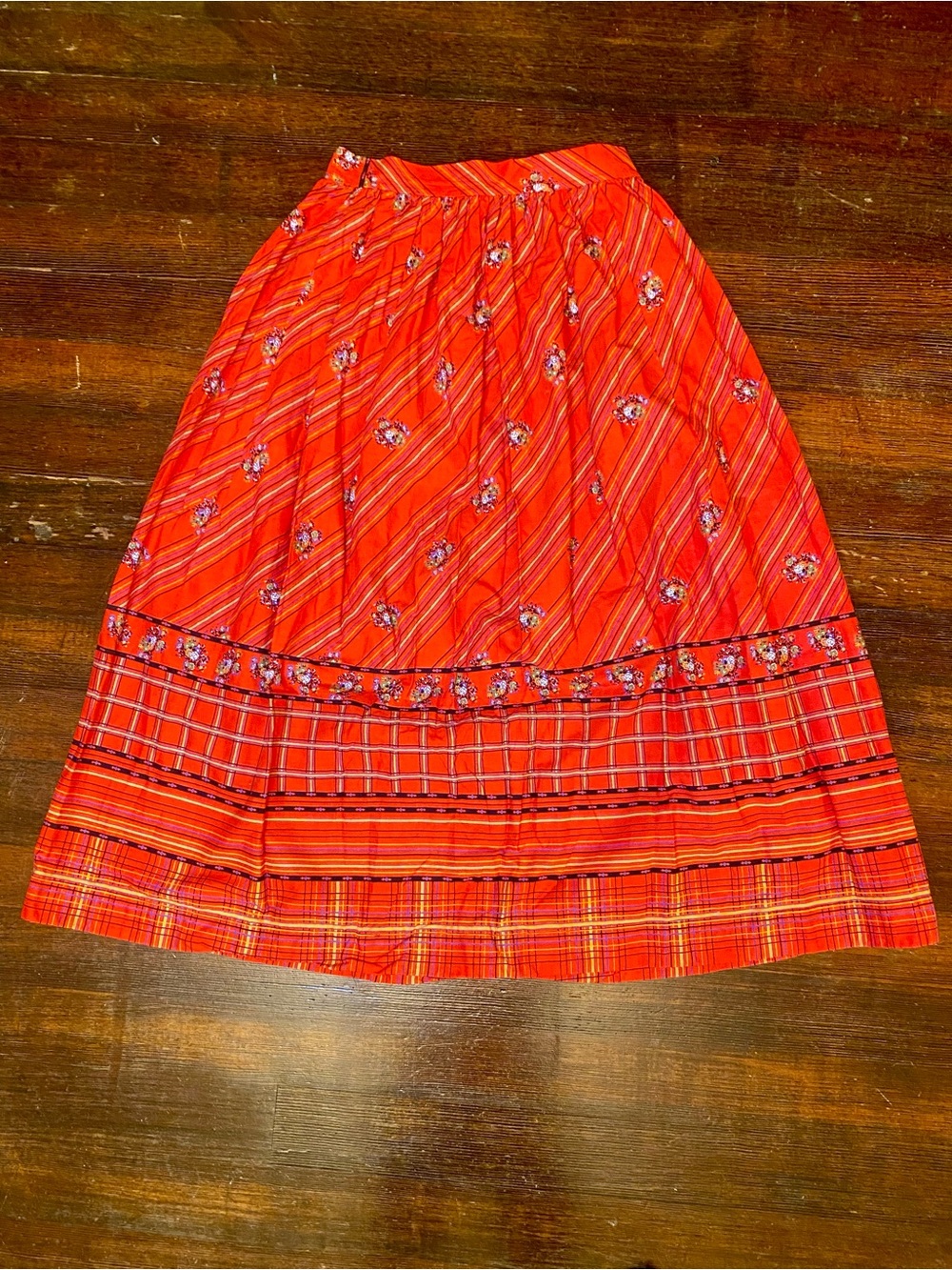 EUC True Vintage Handmade Cotton Red Printed Floral/Stripe A-Line Maxi Skirt